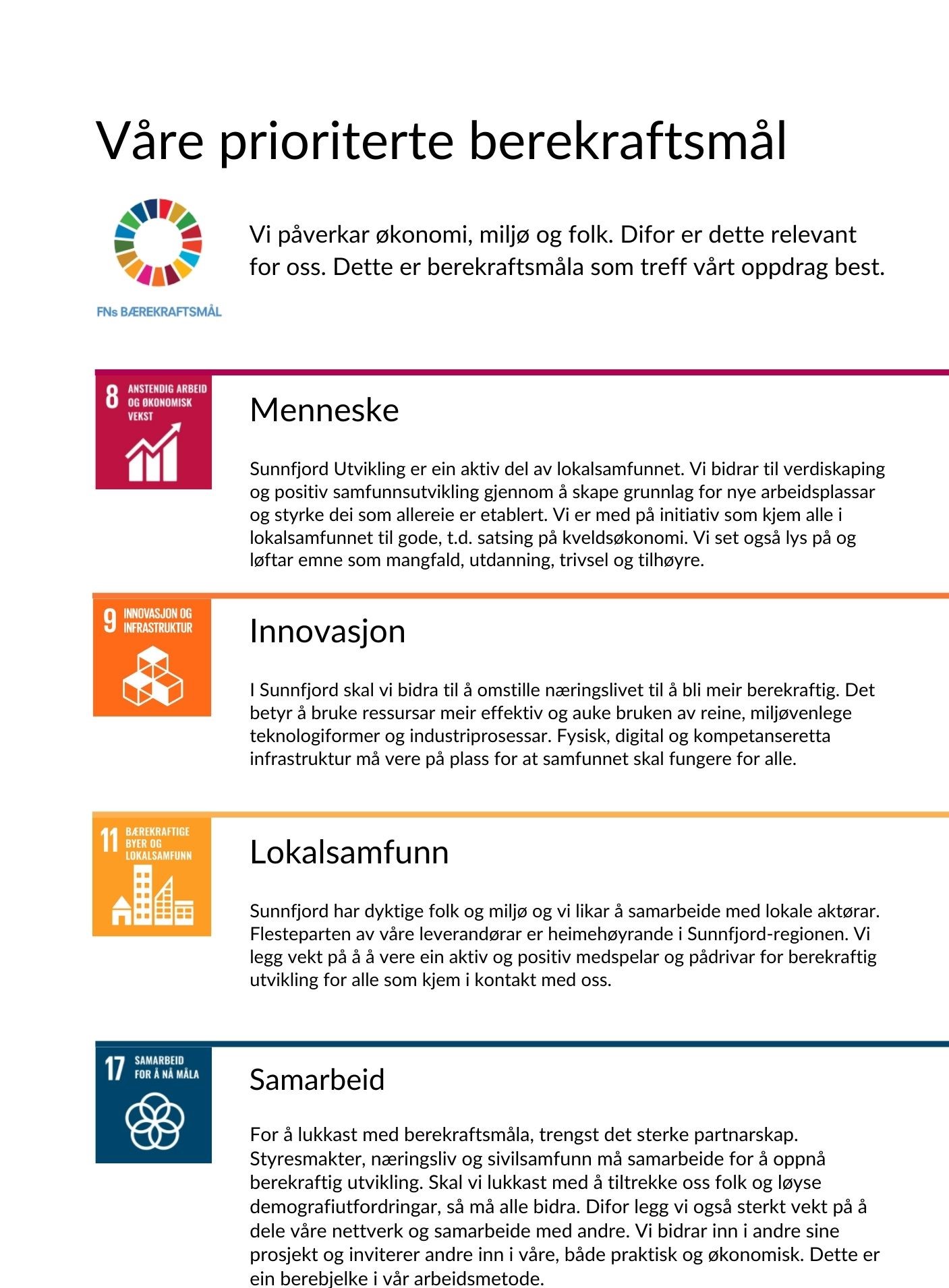 Liste med prioriterte berekraftsmål for Sunnfjord Utvikling